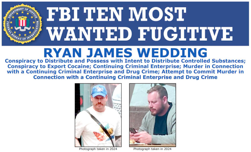 En este anuncio del FBI se detalla que Ryan Wedding es uno de los fugitivos más buscados por EE.UU.