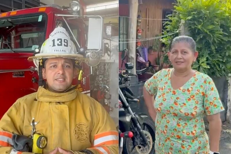 Mamá de bombero ayuda a apagar incendio.