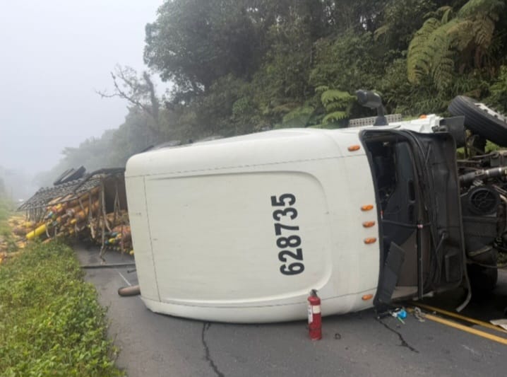 Camión se volcó en plena vía.
