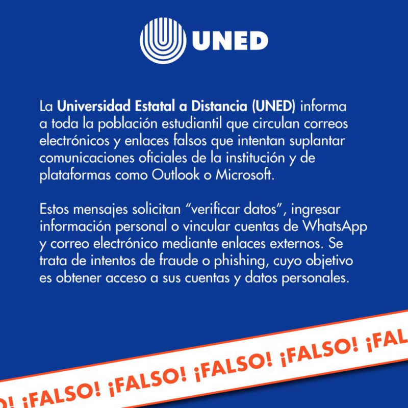 UNED alerta por correos falsos que buscan robar datos de estudiantes