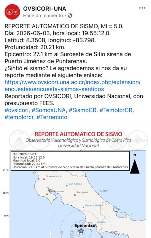 Temblor sacude el sur del país la noche de este miércoles