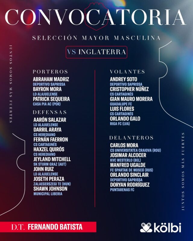 Costa Rica define convocatoria para enfrentar a Inglaterra