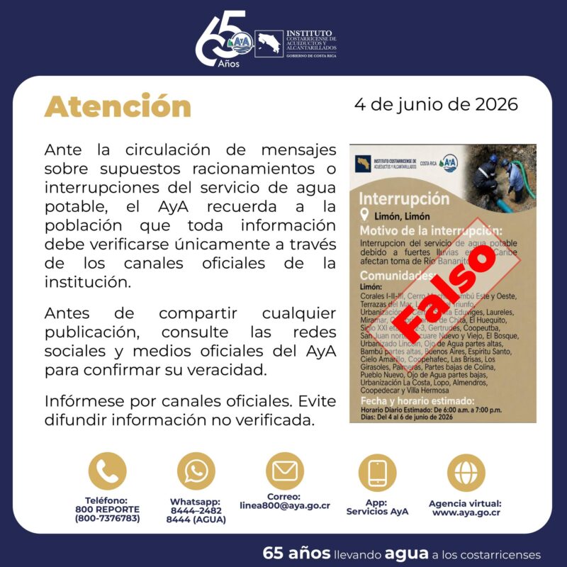 AyA alerta por falsa información sobre cortes de servicio en Limón