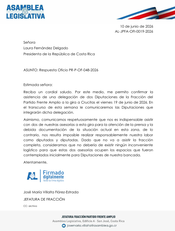 Frente Amplio confirma que asistirá a gira en Crucitas